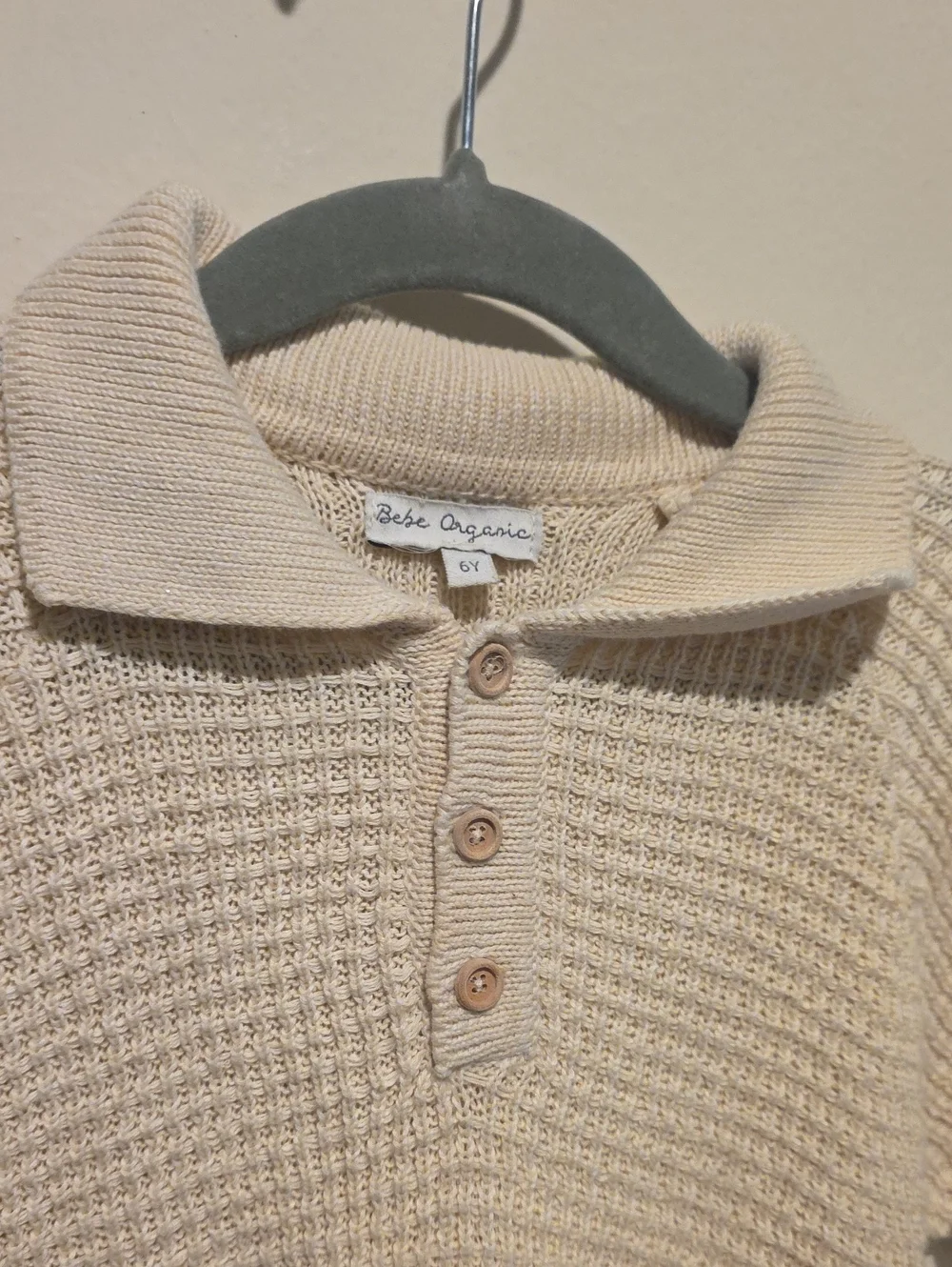 Bebe Organic Kids Cream Knit Polo Top with Brown & Olive Stripes Size 6